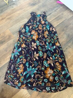 Xhilaration Navy Floral Halter Dress with Teal & Mustard Accents